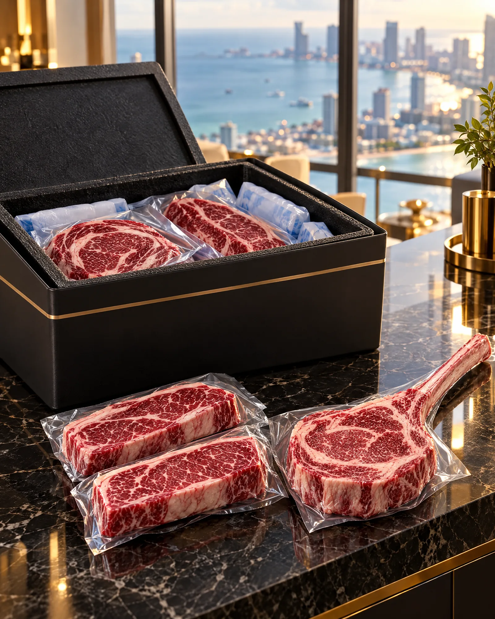 An insulated delivery box of sealed steaks on a condo kitchen counter overlooking the sea