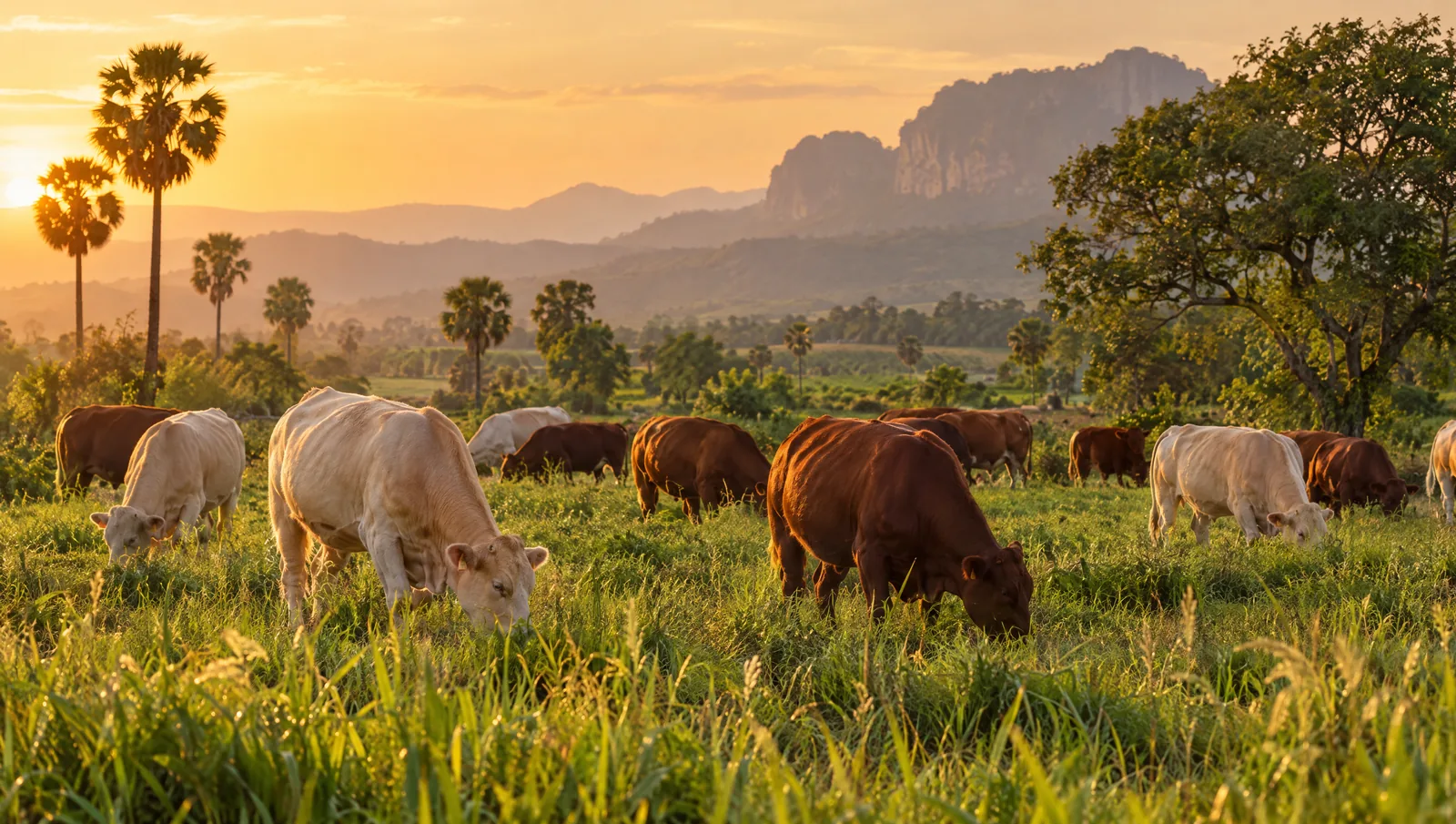 Beef cattle grazing on green pasture in rural Thailand at golden hour
