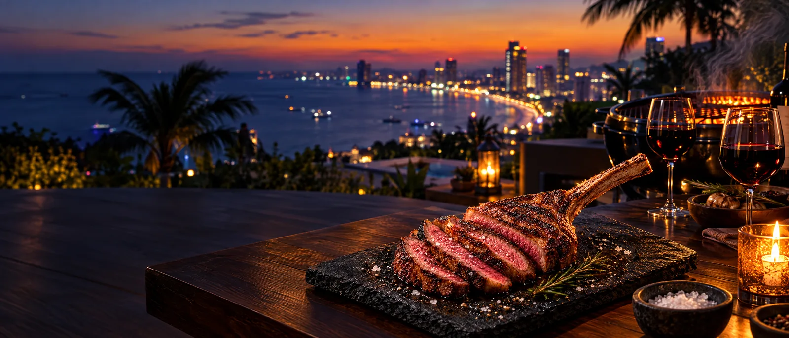A carved tomahawk and red wine on a terrace above Pattaya Bay at dusk