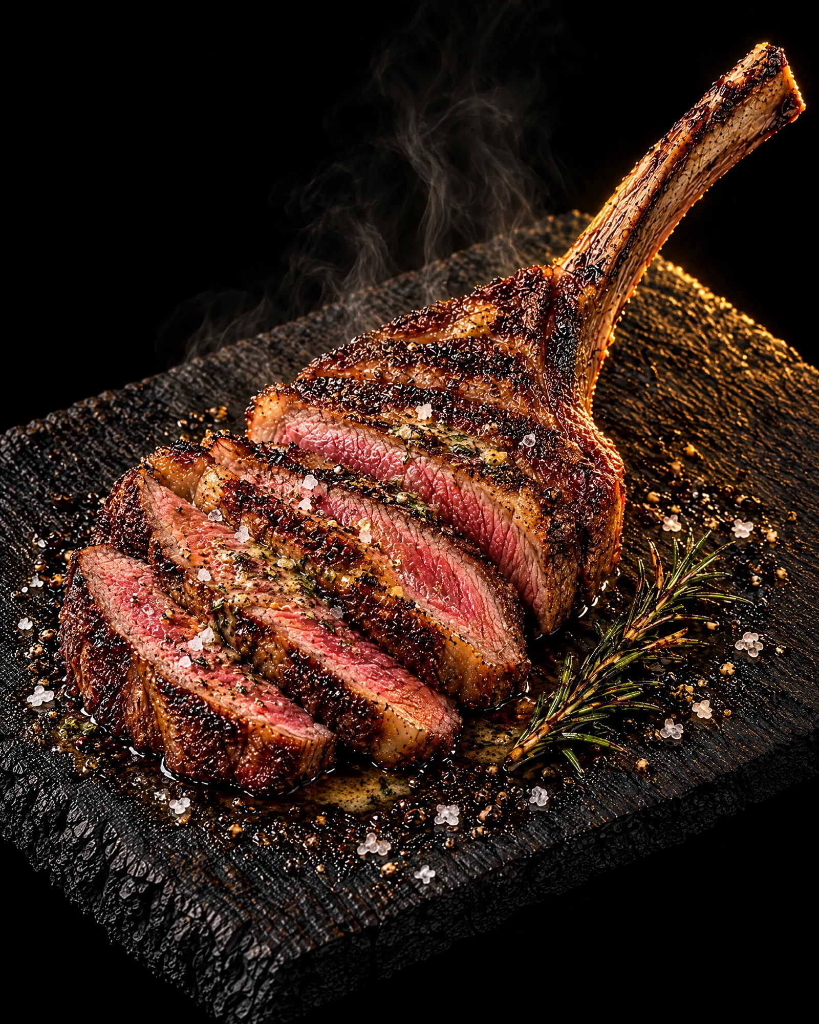 A grilled tomahawk carved into thick medium-rare slices