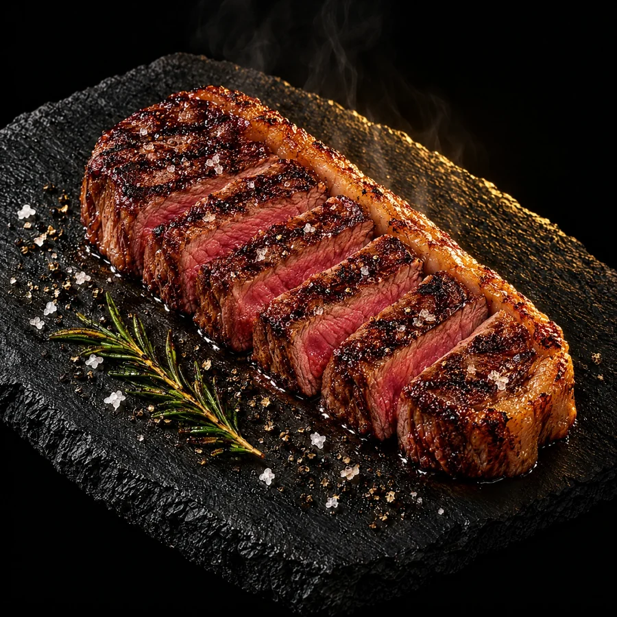 Striploin, cooked and sliced