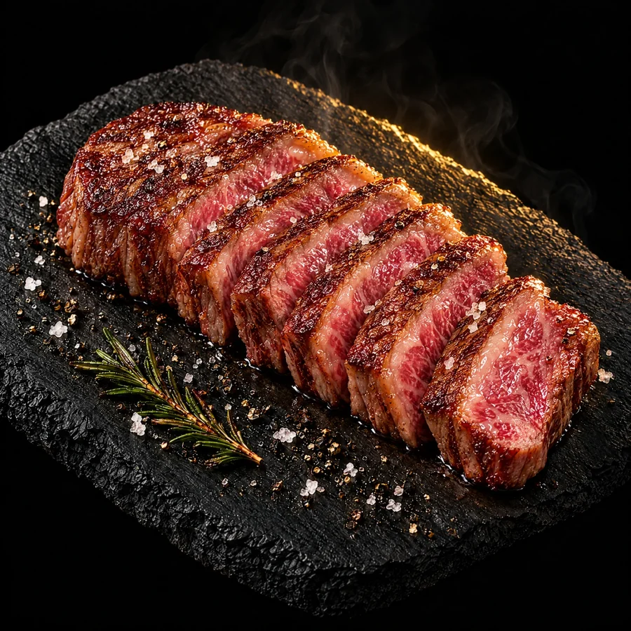 Thai Wagyu Striploin, cooked and sliced